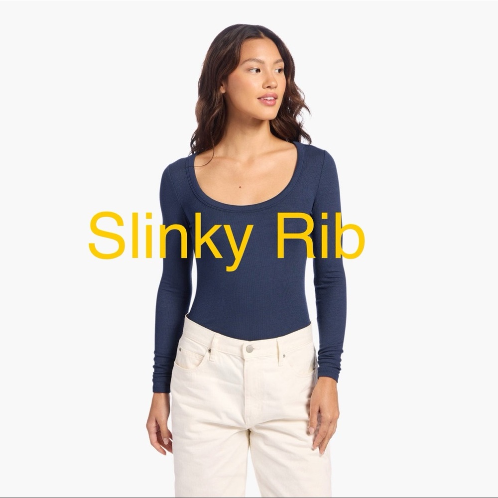 Nuuds Slinky Rib Navy Scoop Neck LS Bodysuit